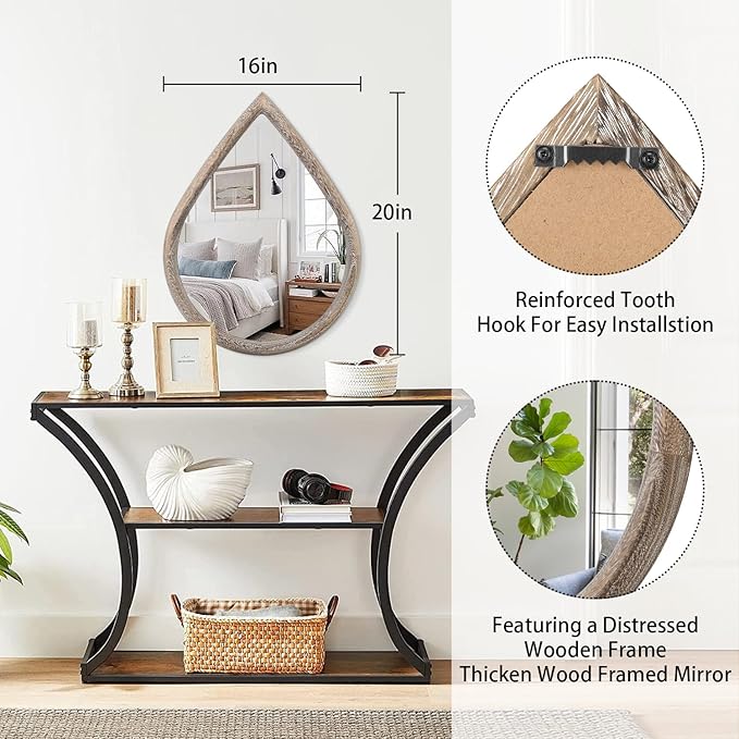 Teardrop Wall Mirror with Wood Framed Farmhouse Wall Hanging Mirrors for Wall Decor Irregular Decorative Mirror for Bedroom Living Room Bathroom 16x20 Inches