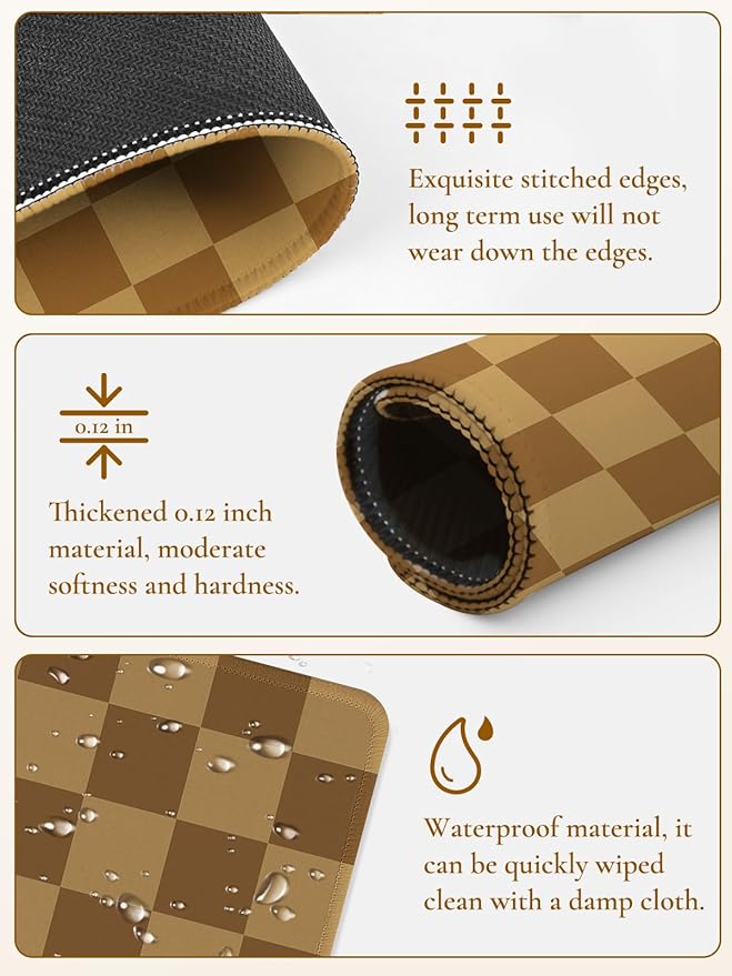 Cute Brown Mouse Pad,Retro Checkered Pattern Mousepad,Square Aesthetic Plaid Waterproof Grid Mouse Mat Design, Non-Slip Rubber Base Computer Funny Boho Small Mouse Pads, Desk Accessories
