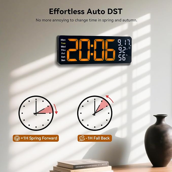 Digital Wall Clock Large Display, 17.3" Digital Clock with RGB Color Remote Control, Auto-Dimming Big Wall Clock with Night Light,Auto DST,Date Week,Temp for Home Decoration, for Elderly (Orange)