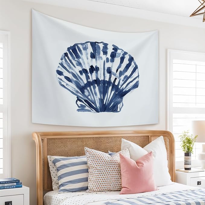 STHTTSW Coastal Tapestry, Coastal Room Decor Tapestries Wall Blanket, Blue Beachy Scallop Shell Seashell Wall Hanging Decor for Dorm Bedroom 50x60 Inch