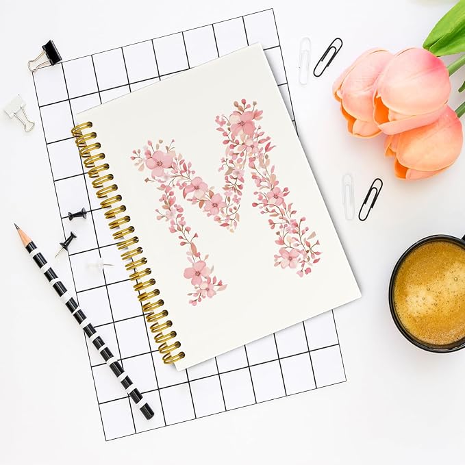 Pink Cute Spiral Notebook Journal, Preppy Floral Initial Letter M Personalized Journaling Notebooks, Monogrammed Gifts for Women Girls, Botanical Hardcover Spiral Lined Notebook 5.5 x 8.3