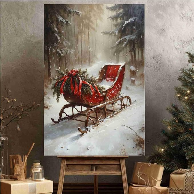 Vintage Christmas Canvas Wall Art Holiday Ride Painting Snowy Woodland Print Classic Sleigh Wall Decor Rustic Landscape Poster Indoor Decor for Offices Living Room Winter Holiday Framed Ready to Hang