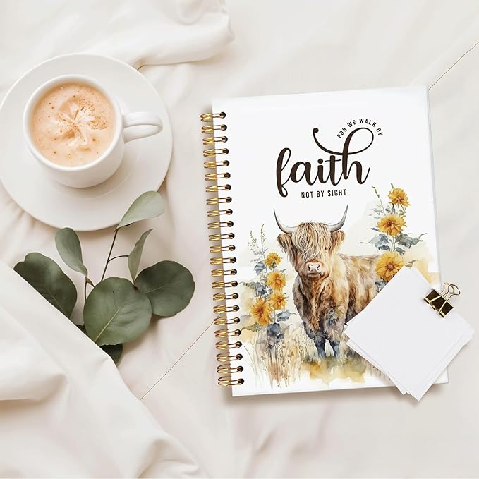 Bible Study Journal, Bible Notebook for Bible Notes, Christian Journals for Women, Highland Cow Gifts for Women,Walk by Faith Highland Cow Notebook Gifts Faith Journal 5.5x8.3