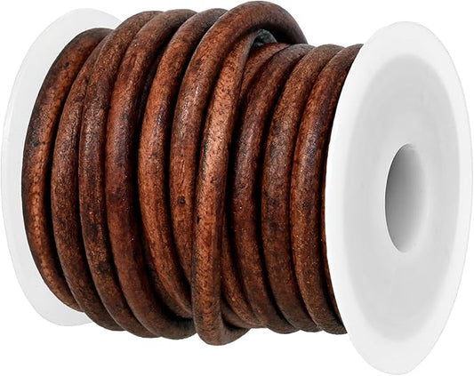 GENIQUE Real/Genuine Round Leather String Cord for Necklace, Bracelets, Jewellery, Braiding (5mm, Red Brown Distressed)