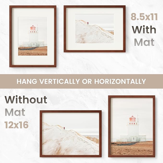 12x16 Picture Frame, USA-Sourced Natural Mahogany Wood Photo Collage Frame with HD Tempered Glass, Modern Simple 12 x 16 Wooden Frame Matted to 8.5x11, Vertical & Horizontal Wall Hanging Display