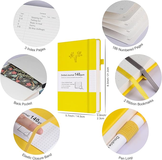 Bullet Dotted Journal Kit, 140gsm No Bleed A5 Dotted Bullet Grid Journal Set with 188 Pages, 10 Stencils, 14 Washi Tape, 12 Brush Pens Dual Tip, Journaling Supplies for Diary Schedule Planner, Yellow