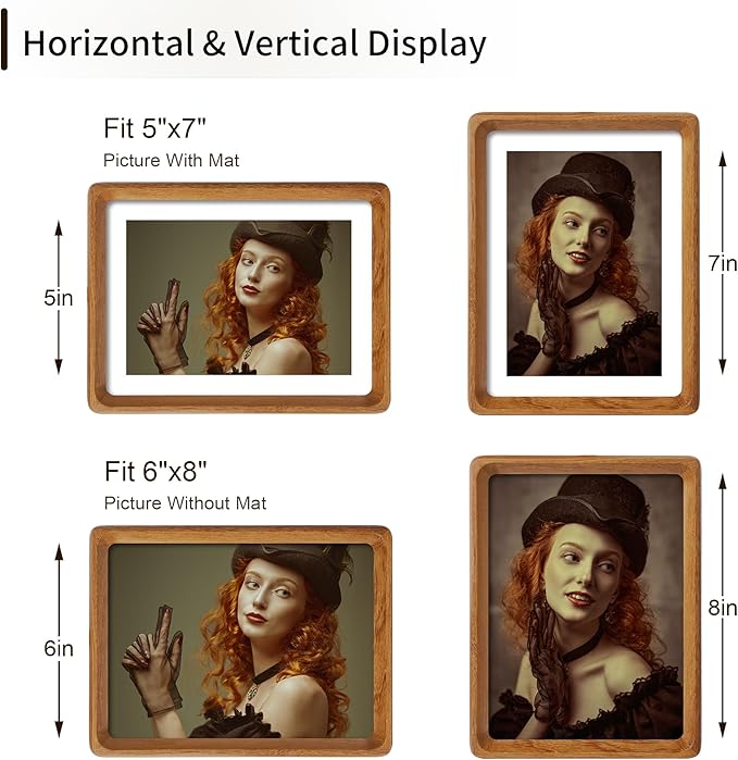6x8 Picture Frame Natural Teak Wood with Mat for 5x7, Original Natural Solid Wood 6 by 8 Photo Frames with Tempered Glass Cover for Wall and Tabletop Display
