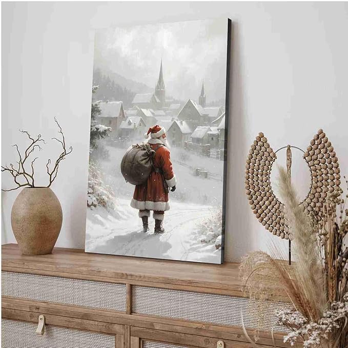 Framed Canvas Wall Art Vintage Santa Claus Wall Art Farmhouse Christmas Print Festive Holiday Home Decor Santa Claus Painting 28x40in Wood Framed