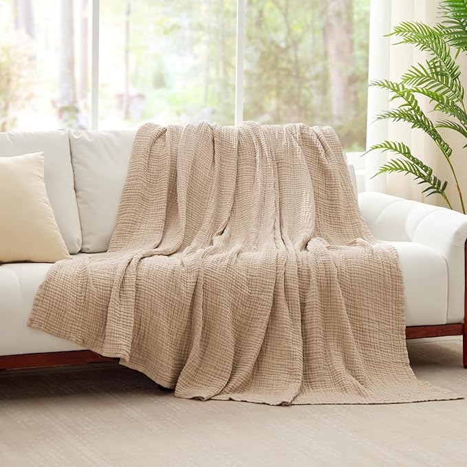 100% Cotton Muslin Blanket 50" x 60", Breathable and Lightweight Cotton Throw Blankets for Couch, Soft Cooling Summer Gauze Blanket for Adults All Season, Beige
