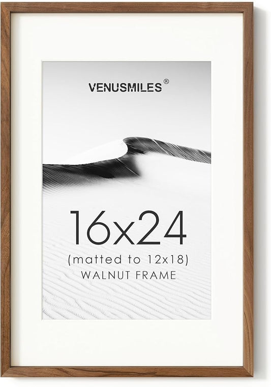 16x24 Poster Frame, USA-Sourced Natural Walnut Wood Picture Collage Frame with HD Tempered Glass, Modern Simple 16 x 24 Wooden Photo Frame Matted to 12x18, Vertical & Horizontal Wall Hanging Display