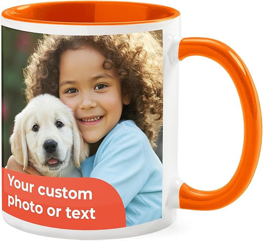 Personalized Mug, Custom Ceramic Mug with Photo and Text, 11oz, Pack of 5, Glossy Coffee Cup, Perfect for Christmas, Secret Santa or as Holiday Gift for Family or Friends, White/Orange