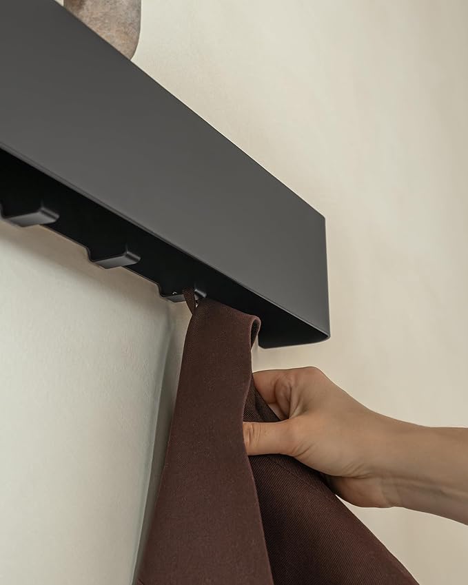 Kazai.®️ Coat Rack Wall Mount with Shelf 'Tone' | Modern Design Coat Hanger with Hidden Hooks and Storage | Hat Rack with Shelf in Metal | Wall-Mounted Purse Organizer | Black