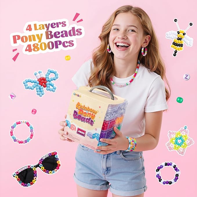 Umikk 4800Pcs Pony Beads Bracelet Making Kit, 17 Colors Beads for Jewelry Making Friendship Bracelets Hair Braids Crafts Gifts for Ages Over 6 Years (Stack Boxed)
