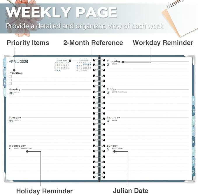 GuassLee Large 2026 Planner, Weekly and Monthly Planner from January 2026-December 2026, 8.5"x 11" Calendar Agenda Book with Back Pocket, Stickers for Home Office School Supplies, A4 Size, Blue