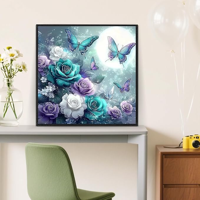 Flower Butterfly Moon Diamond Painting Kits for Adults, 5D Diamond Art Kits for Adults Beginners, DIY Full Round Drill Diamond Dot Painting Gem Art Kits for Adult, Home Wall Decor 13.8x13.8 Inch