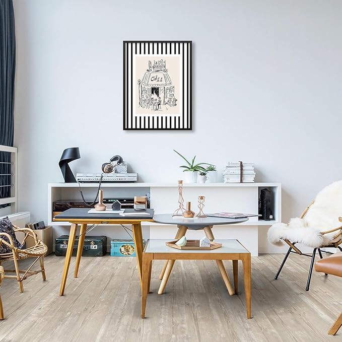 Black and White Stripe Sketch Wall Art French Paris Cafe Aesthetic Poster Funky Minimalist Canvas Prints 08x10 inch Black Framed for Kitchen Coffee Bedroom Wall Decor