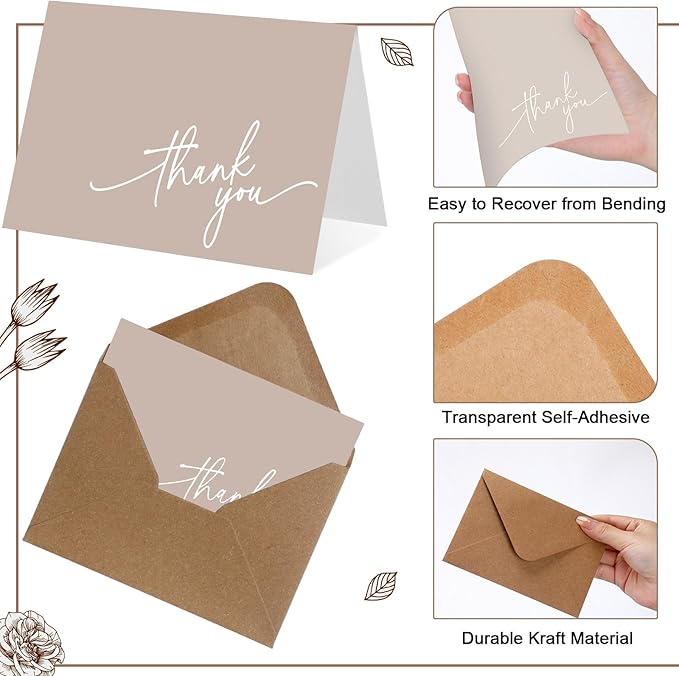 Gueevin 200 Pcs Thank You Cards with Kraft Envelopes and Stickers Bulk, 3.5 x 5 Inch Classy Blank Thank You Notes for Wedding, Business, Graduation, Baby Shower, Bridal Shower, Funeral (Khaki)