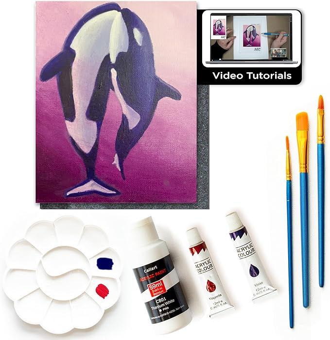 Painting4Real DIY Painting Class Kit for Adults with Video Tutorials: Learn to Paint Dancing Whales – How to Paint with Acrylics – Painting & Art Supplies – 9 Piece Acrylic Paint Set