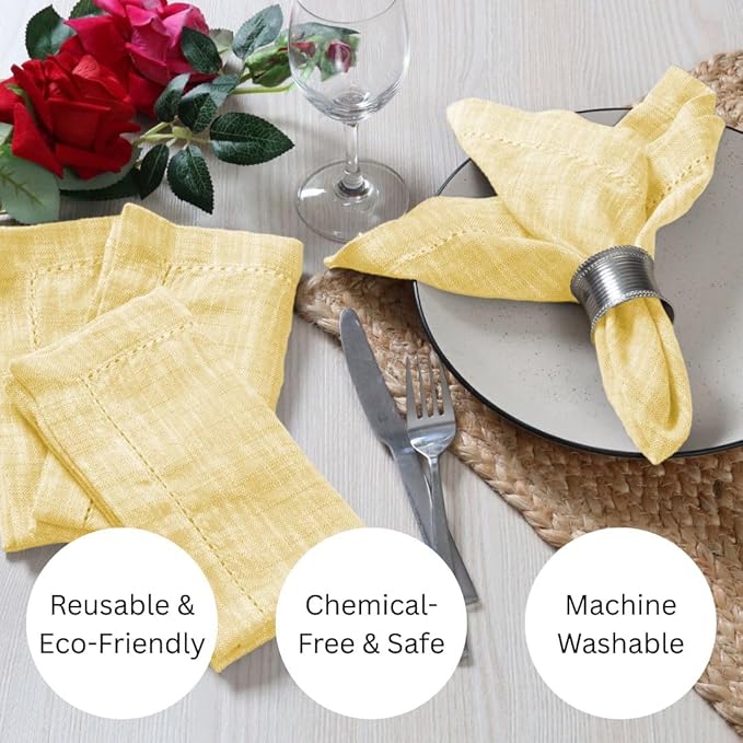 Slub Textured Dinner Napkins Set of 6-100% Cotton Cloth Napkins 18x18 Inch - Soft Durable Washable Fabric Napkins for Everyday Use & Special Occasions Christmas - Yellow