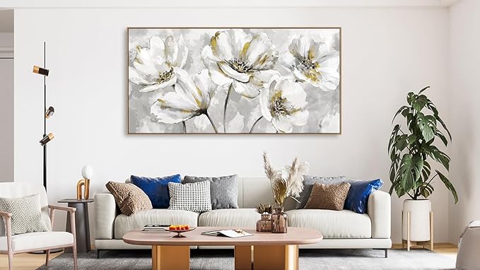 arteWOODS Flowers Framed Wall Art - Gray White Flowers with Yellow Accents Canvas Pictures Wall Decor Botanical Painting Artwork Elegant Floral Prints Living Room Bedroom 58 x 29in Natural Wood Frame