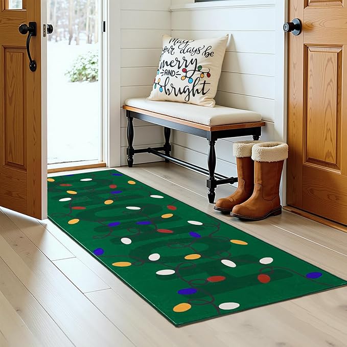 jinchan Jingle Lights Christmas Runner Rug 2x5 for Kitchen Green Holiday Rug for Hallway Bathroom Colored String Lights Pattern Xmas Decor Washable Runner for Entryway Laundry Room Bedroom Non-Slip