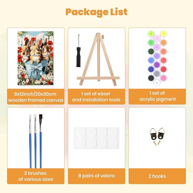 MXJSUA Easter Framed Paint by Numbers for Adults Beginners, Easy Adults' Paint-by-Number Kits on Canvas with Easel, Cute Bunnies Acrylic Number Painting Crafts Kits Gifts for Home Decor, 8x12inch