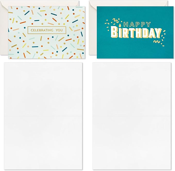 Hallmark Modern Elegance Birthday Note Card Assortment (24 Blank Cards with Envelopes) Teal, Pink, Gold Balloons, Cupcake, Confetti