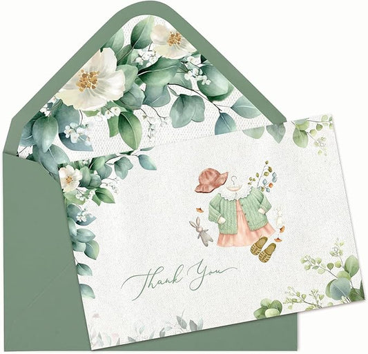 C2U 24 Pack Baby Shower Thank You Cards Boxed Green Cloth Card with Envelopes Stickers Greeting Blank Cards for Baby Shower Birthday