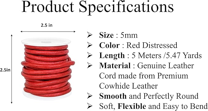 GENIQUE Real/Genuine Round Leather String Cord for Necklace, Bracelets, Jewellery, Braiding (Red Distressed, 5mm)