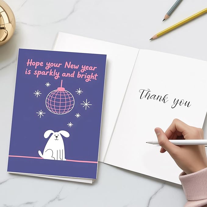 (5.3x8in) Hope Your New Year Is Sparkly and Bright Card with Envelope, Cute Dog and Disco Ball Design, Fun New Year Greeting for Friends, Family, Coworkers, and Pet Lovers (Xmas 30)