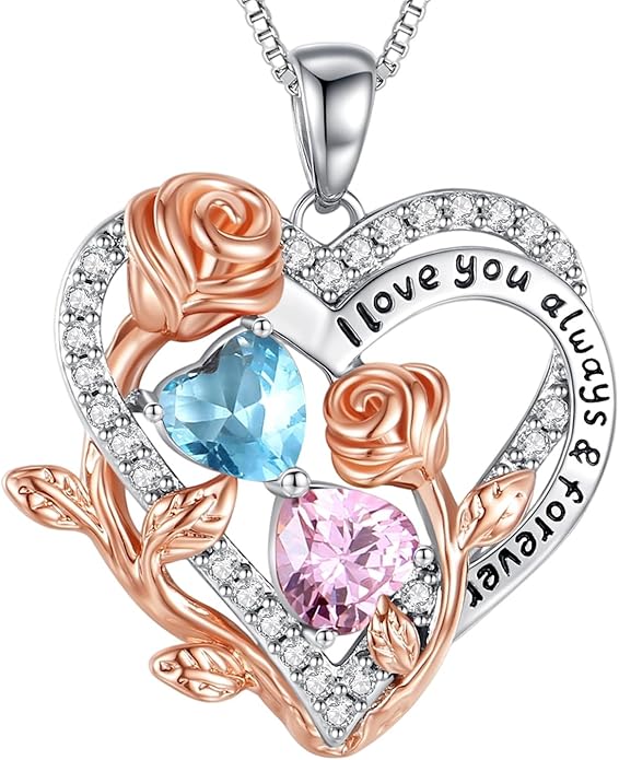 I Love You Birthstone Necklace, 925 Sterling Silver Heart Pendant with CZ Diamond Stones, Birthday Gifts for Women, Romantic Gift for Wife, Girlfriend, Her, Anniversary, Valentine's Day, Christmas