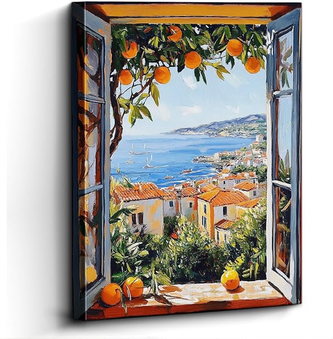 Mediterranean Coastal View Wall Art – 12x15 Inch Framed Print, Paper Laminate Borderless Design – Window Scene with Oranges & Sea - Hanging & Tabletop Display
