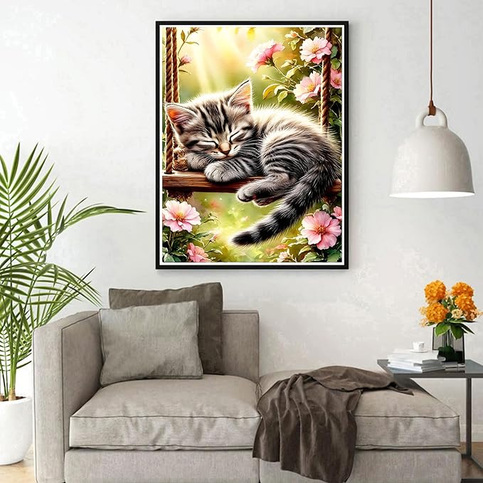 DPHERO Swinging Cat Diamond Painting Kits for Beginners Adults,5D DIY Sleeping Cat Diamond Art Kits,Round Full Drill Wildflowers Gem Art Crafts,DIY Painting by Numbers for Home Wall Decor 12x16 inch