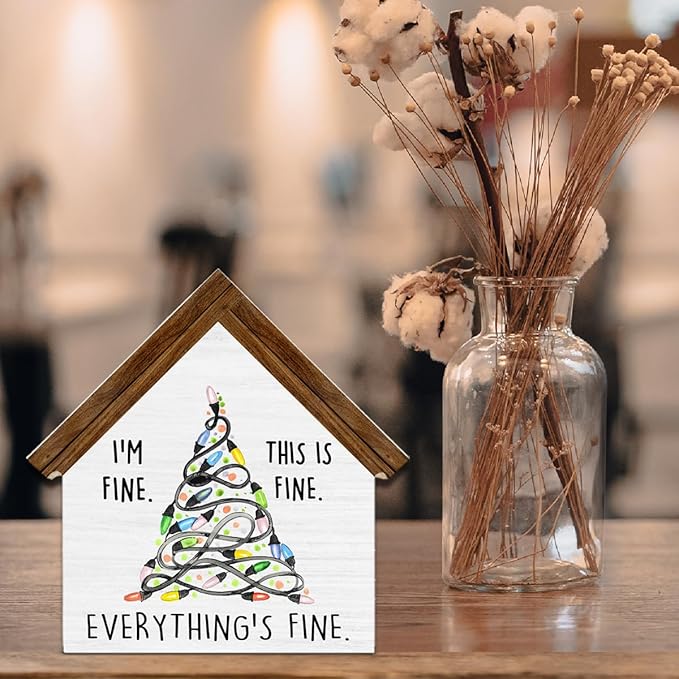 Funny Christmas Decorations, I'm Fine Everything Is Fine Christmas Lights House Shaped Wood Sign, Rustic Home Office Decor for Desk Table Shelf