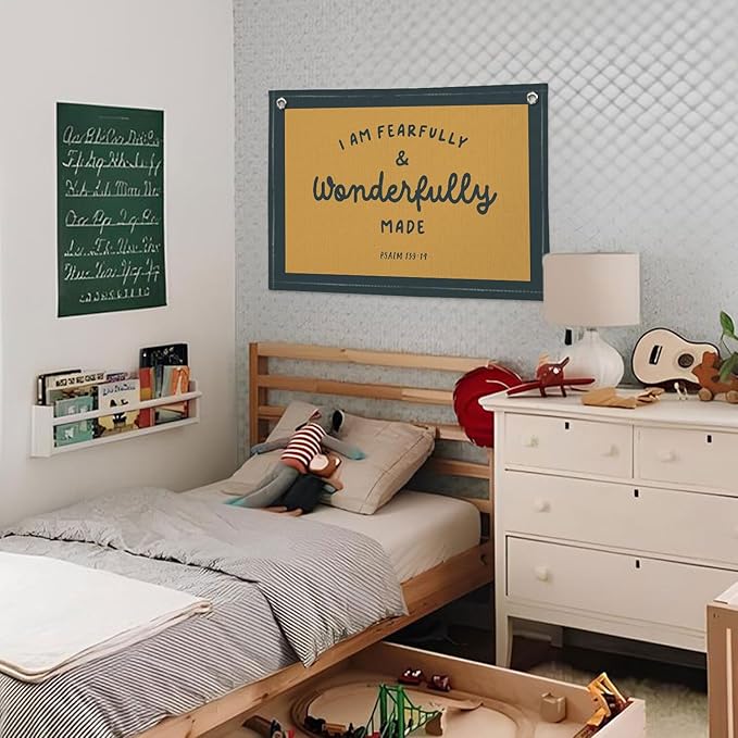 Kids Room Decor - Bible Verse Wall Hanging, 'I am Fearfully and Wonderfully Made' Linen Banner, Canvas Decoration for Classroom, Nursery - Retro