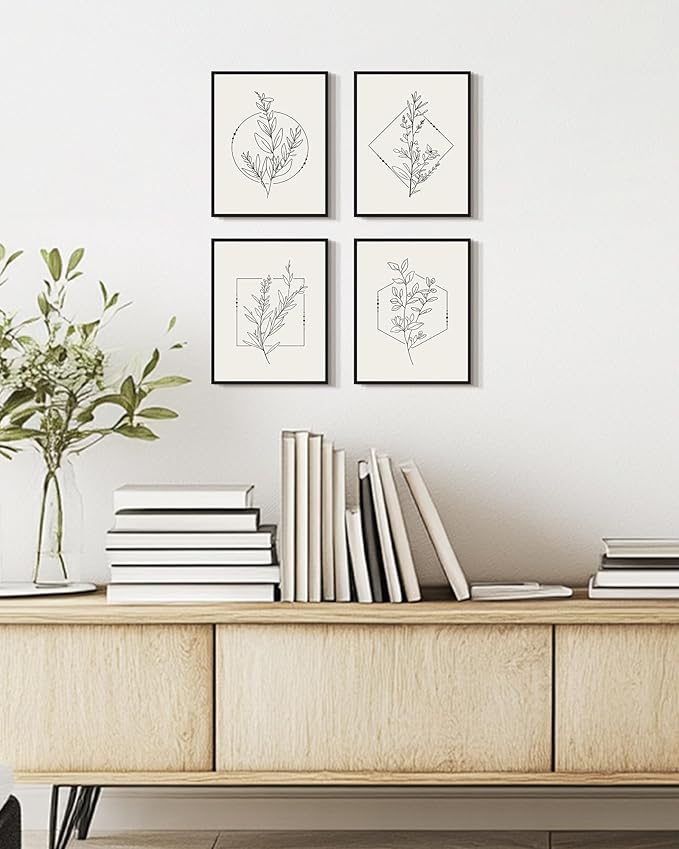 Drsoum Botanical Flower Boho Framed Wall Art Wooded Minimalist Aesthetic Floral Prints Farmhouse Retro Plants Rustic Bathroom Kitchen Home Decor Ready to Hang 8x10inx4pcs (Black Framed)
