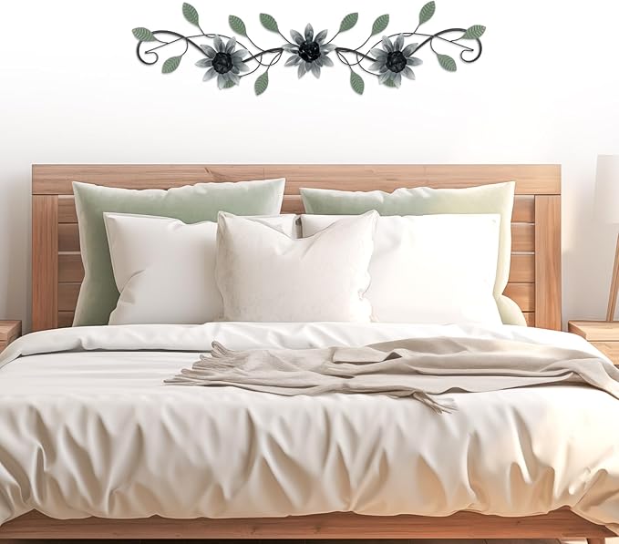 KHJCXS Metal Wall Art Modern Minimalist Metal Flowers Indoor Decor Horizontal Wall Art Iron Artwork,for Over Door,Bedroom,Living Room,Kitchen,Officel Scroll Decor(Black)