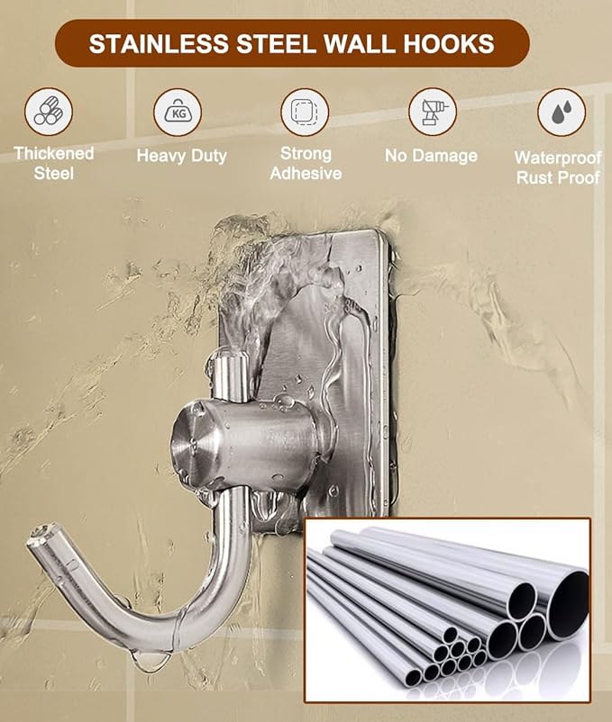 Self Adhesive Towel Hooks for Bathrooms, Sturdy Wall Hooks for Walls No Damage, Waterproof Rustproof Stainless Steel Sticky Hooks for Hanging Shower, Bathroom, Kitchen, Robe, Coat, Silver