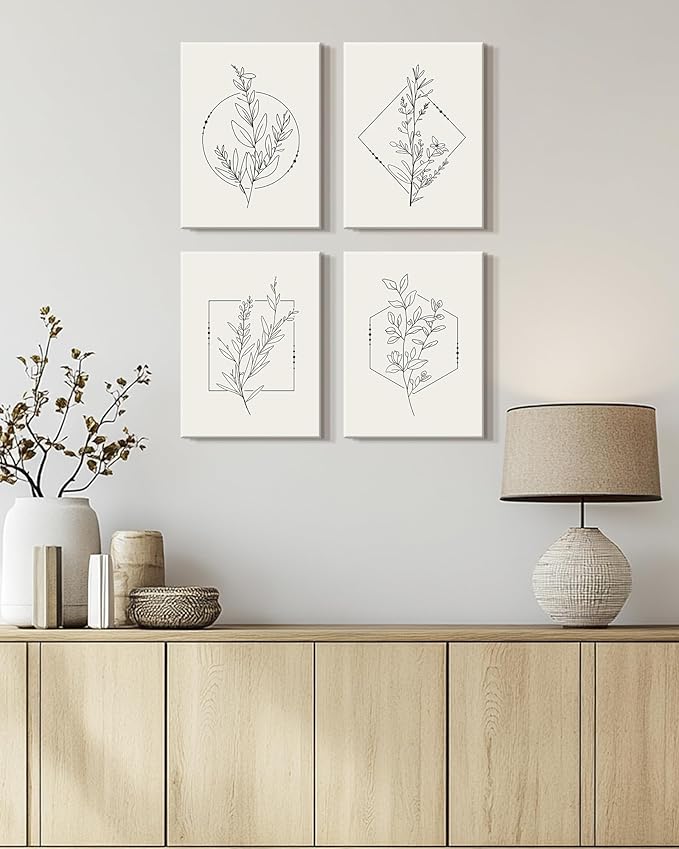 Drsoum Botanical Flower Boho Framed Wall Art Wooded Minimalist Aesthetic Floral Prints Farmhouse Retro Plants Rustic Bathroom Kitchen Home Decor Ready to Hang 12x16inx4pcs (Framed)