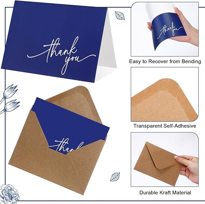 Gueevin 200 Pcs Thank You Cards with Kraft Envelopes and Stickers Bulk, 3.5 x 5 Inch Classy Blank Thank You Notes for Wedding, Business, Graduation, Baby Shower, Bridal Shower, Funeral(Navy Blue)