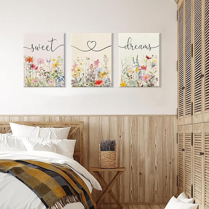 tgguytiy Framed Bedroom Canvas Wall Art Set of 3 Farmhouse Sweet Dreams Colorful Wildflowers Pictures Prints Wall Decor for Above Bed Wall Decor Bedroom Decor 12x16in