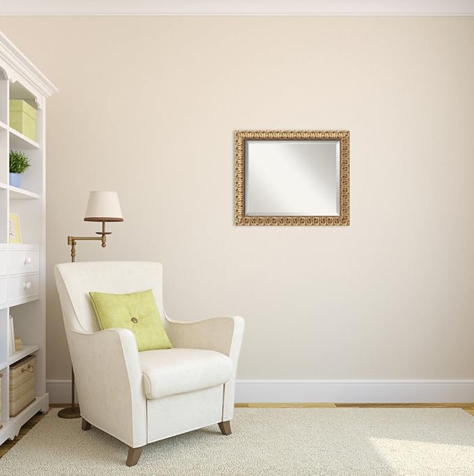 Amanti Art Gold Wall Mirror 23x19 Florentine Gold Rectangle Bathroom Mirror for Wall Decor Living Room, Small Traditional Wood Frame, Hangs Horizonally and Vertically, Bathroom Decor, Beveled Edge