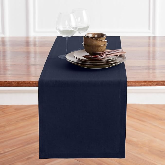 Solino Home Linen Navy Blue Table Runner 48 Inches - 100% Pure Linen Small Table Runner 14 x 48 Inch Ideal for Dresser and Coffee Tables - Winter - Diana Medium Weight