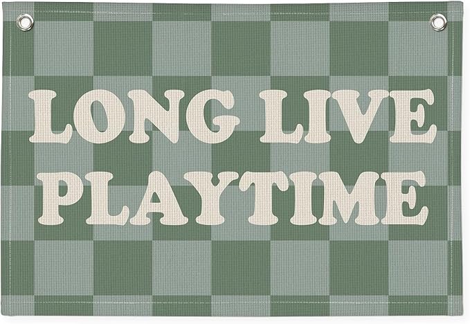 Long Live Playtime Banner, Boy Nursery Decor, Sage Green Blue Canvas Banner Wall Hanging Banner Flag Decor for Nursery Playroom Toddler Room, Boys Kids Room Decor, 26x19 Inch, Beige