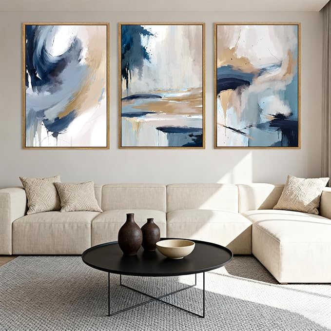 Anyzal Large Blue Abstract Wall Art Framed Modern Artwork Neutral Wall Decor for Living Room Bedroom Office 24X36 Inch Set of 3