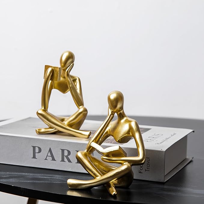 Prettidecor Reading Thinker Statue, Sculptures Abstract Art Ornament, Modern Aesthetic Figurine Decoration Set of 2 Status for Home Living Room Bedroom Office Shelf Table Desk Bookshelf Decor (Gold)