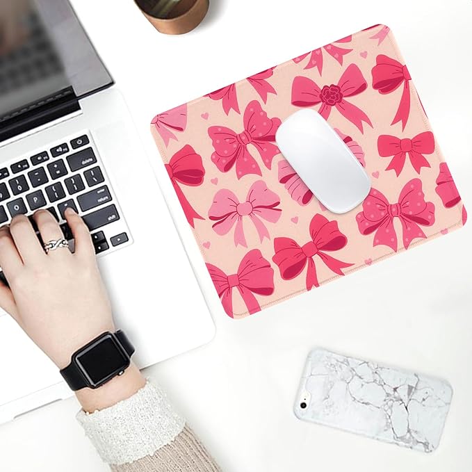 Seorsok Square Aesthetic Oversized Bows Mouse Mat, Premium Textured Mouse Pads for Office Laptop,Washable Square Mousepads with Extended Stitched Edges Non Slip Rubber Base,Rose Red Bows