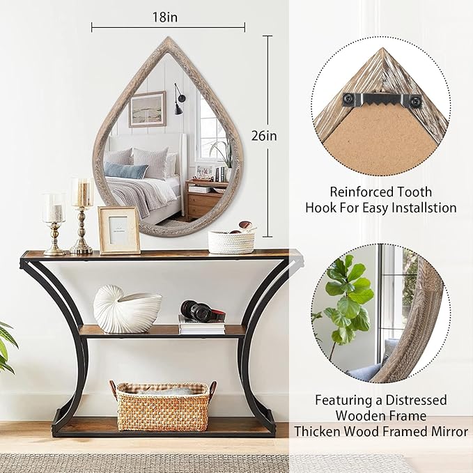 Rustic Farmhouse Wall Mounted Mirror Solid Wood Frame Teardrop Mirrors Wall Decorative Mirror for Bathroom Entryway Living Room Home Decor