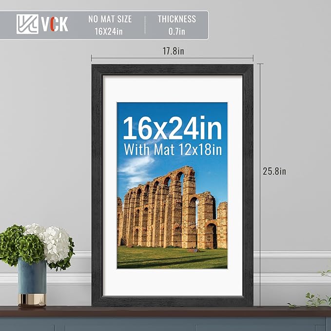 VCK 16x24 Picture Frames Black Set of 5, Wide Border Wood, Display 12x18 Photo with Mat or 16 x 24 without, for Home, Office, Gallery, Woodgrain Series, Wall Hanging