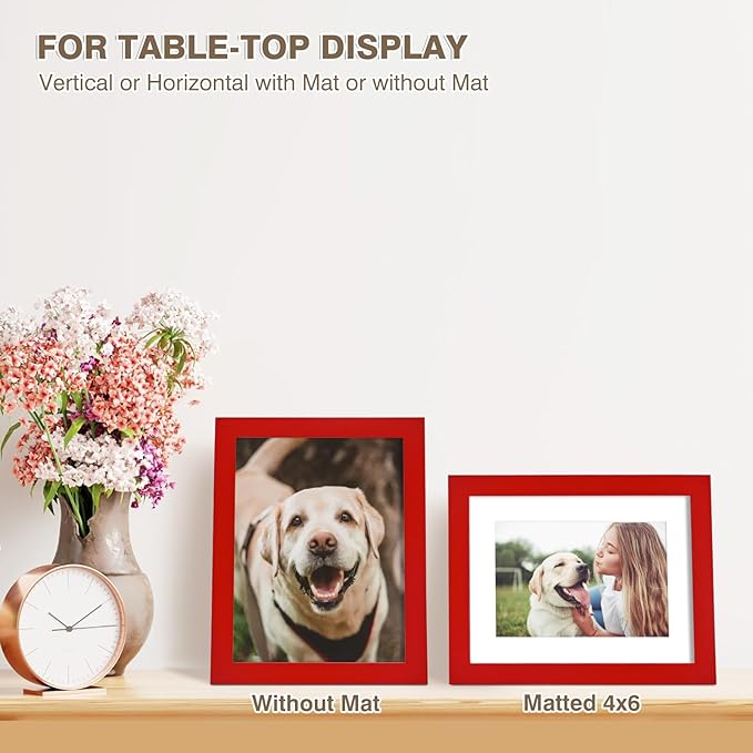 KINLINK 6x8 Picture Frame Red, Solid Wood Frames with Acrylic Plexiglass for Pictures 4x6 with Mat or 6x8 without Mat, Tabletop and Wall Display Photo Frame, Set of 4